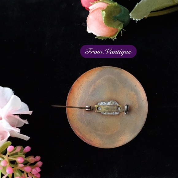 🟢 VINTAGE Copper Circle Plate with Green Painting Brooch / Scarf Pin - Picture 4 of 5